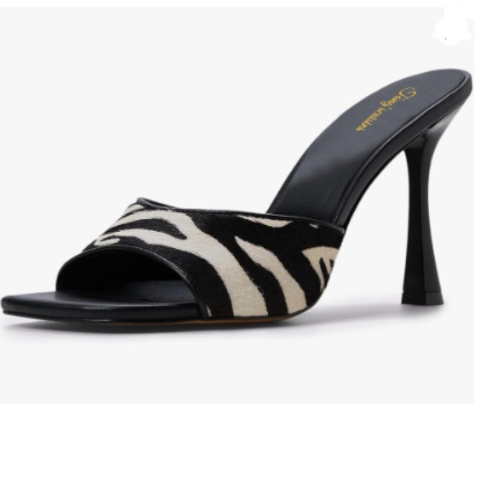 Tang'scuisins Zebra Open Square Toe Mule Sandals Slip on High Spool Heels Shoe - Picture 1 of 8
